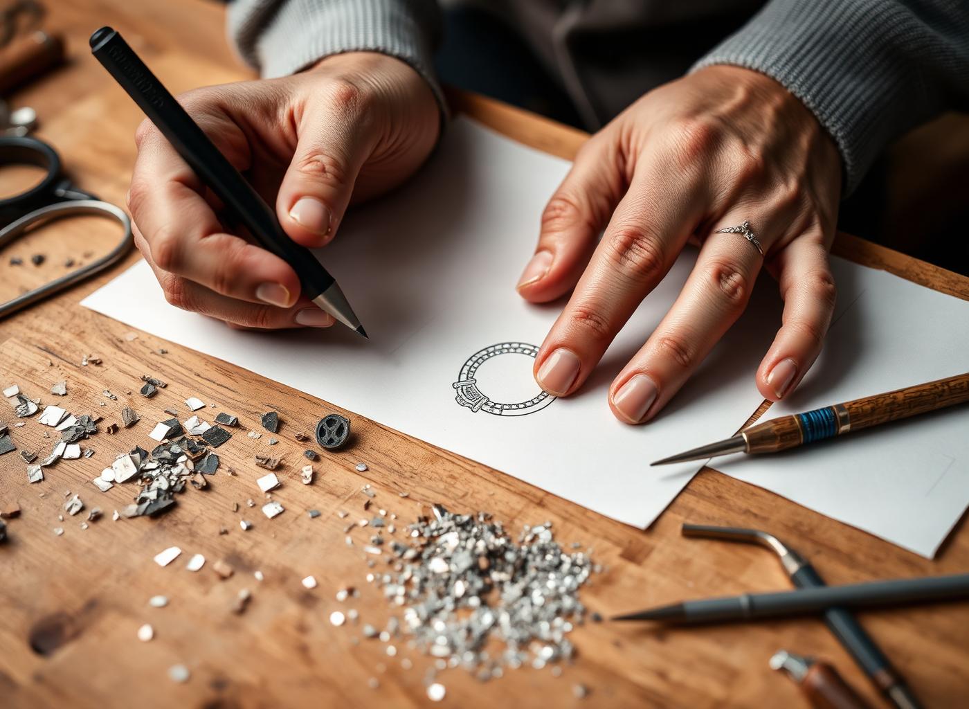 Jeweler's hands sketching a ring design at the studio bench.